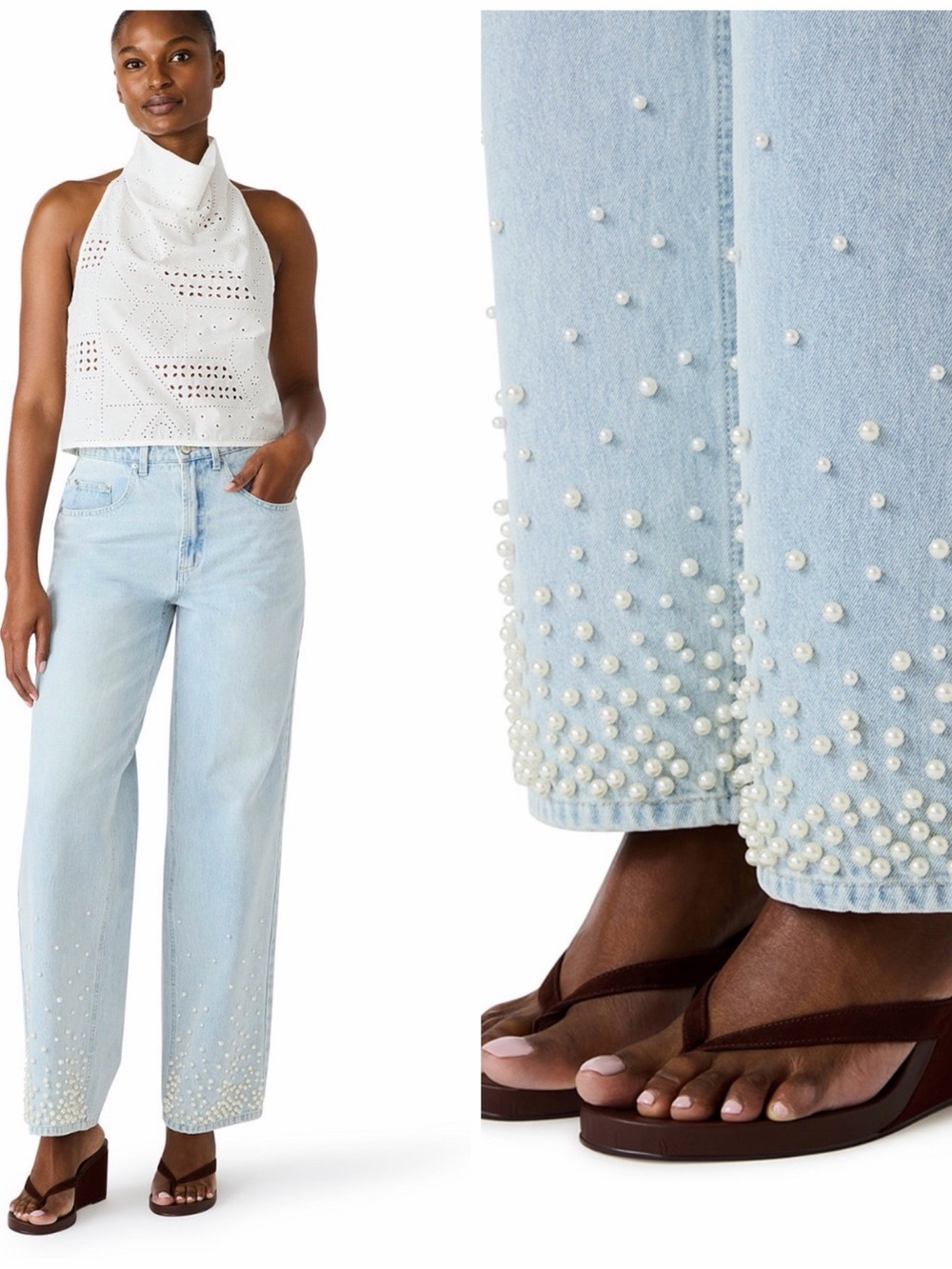Steve Madden Light Blue Wide Leg Jeans with Pearl Hem
